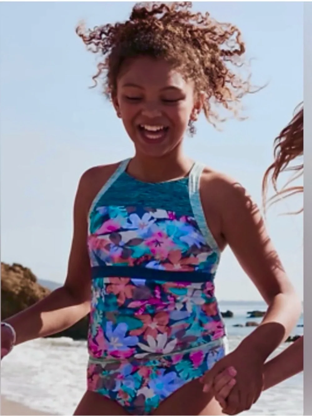 NWT Athleta Girl Surfs Up Floral High-Neck Tankini - Teal Multicolor
